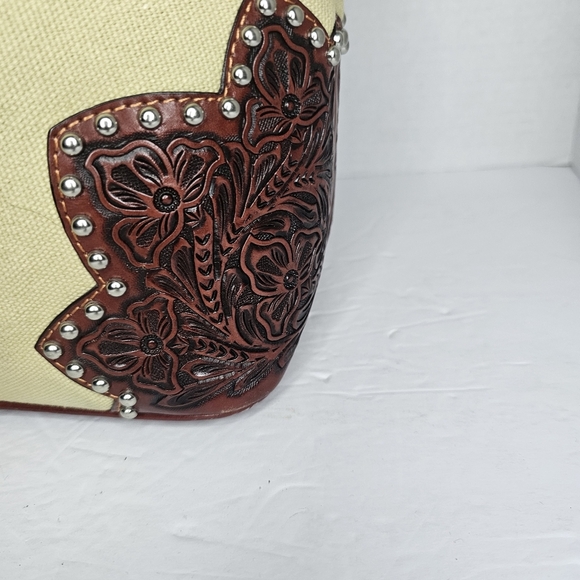 Cream and Brown Western Tote with Leather Accents - Picture 3 of 14